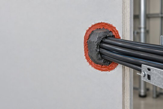 Cables passing through a firestop sealing system installed in a white wall panel with wall penetration fire protection construction safety building codes cable management fire barrier fire stop