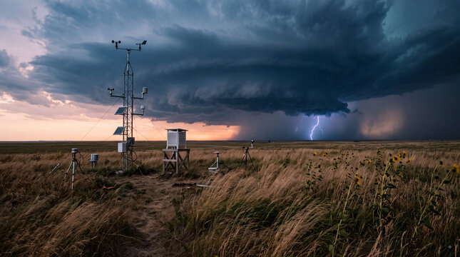 A weather station in a vast field with a stormy sky and lightning in the distance.