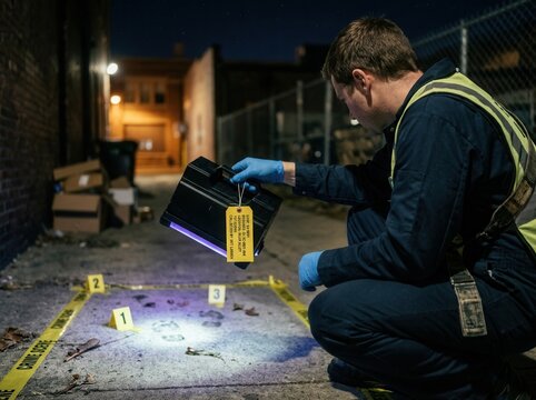 Forensic Investigator Uses Ultraviolet Light at Night Crime Scene