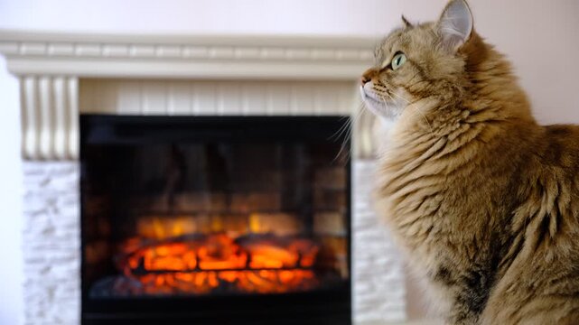 In a cozy room, a cat is lounging by the fireplace. The warm, dancing flames cast a gentle glow on the walls and highlight the cat&rsquo;s fur. The cat looks utterly relaxed, Autumn atmospheric mood