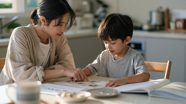Thai autistic boy working with a therapist using picture exchange communication cards at a kitchen table during home-based ABA therapy, in-home intervention, early autism support,