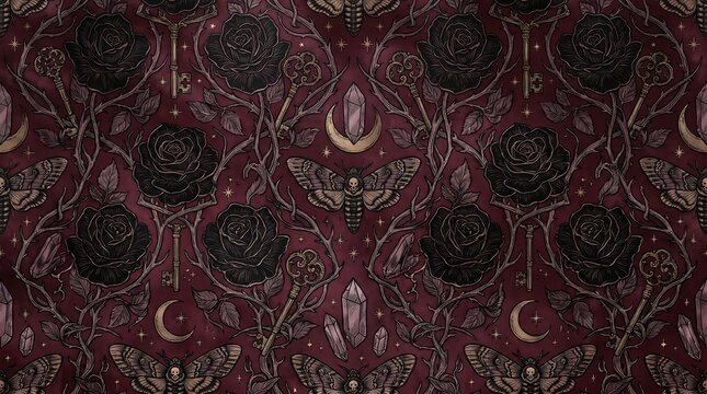 Dark gothic seamless pattern with black roses, death head moths, vintage keys, and glowing crystals