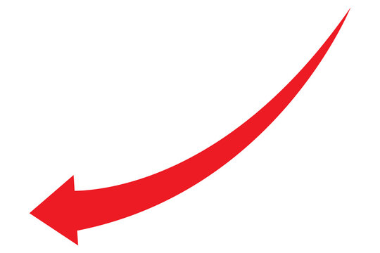 Red curved arrow pointing left and down, directional symbol isolated on white background