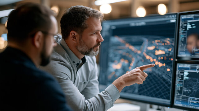 LIDAR point cloud visualization glowing on a wide monitor inside an autonomous vehicle research lab, engineer reviewing three dimensional depth mapping data with overlapping