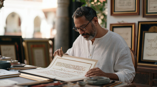 Arabic calligraphy artist completing a large-format Kufic inscription on watercolor paper, the geometric letterforms flowing across the composition with deliberate spacing, an
