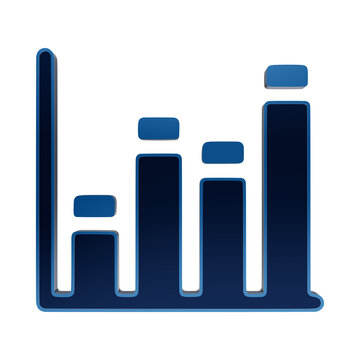 Bar chart icon with four vertical columns of varying heights, rendered in a 3D blue gradient style as a business data visualization symbol on white isolated on a transparent background