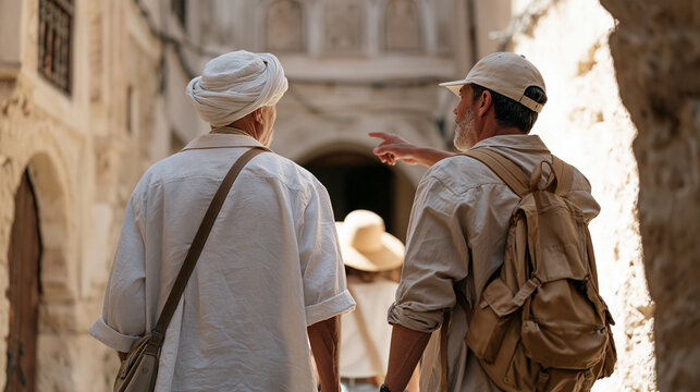 A Moroccan guide accompanies a solo traveler on foot through a narrow medina alley at midday, pointing to historic doorways and carved plasterwork above, depicting cultural
