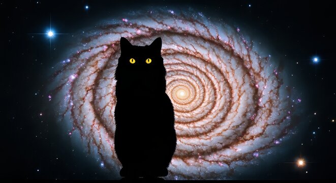 Silhouette of a cat against the galaxy