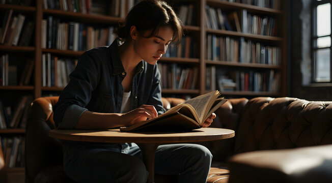 Book Reader on Sofa in Library