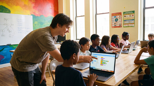 Teacher guiding elementary school students during a computer programming lesson in a classroom.