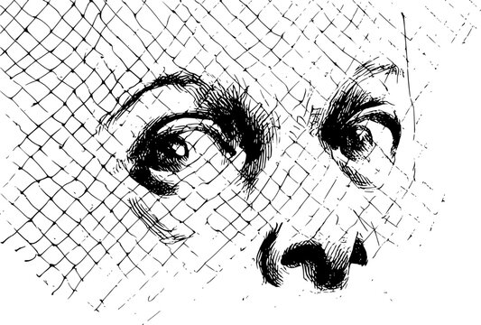 Intense human eyes staring in dramatic engraving illustration