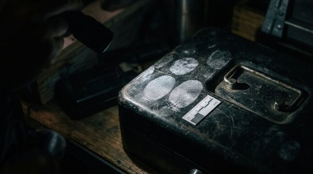 Forensic Investigator Examines Fingerprints On A Crime Scene Evidence Box