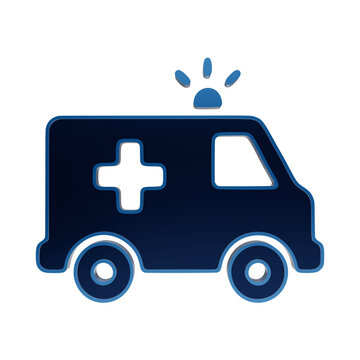A blue glossy icon of an ambulance vehicle with a flashing light, rendered as a 3D isolated on a white background, for emergency services isolated on a transparent background