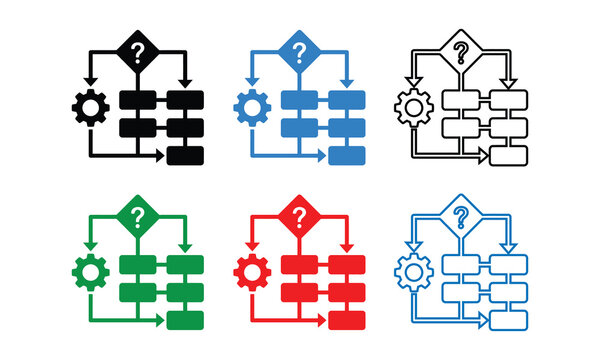 Set of colorful workflow process diagram icon designs featuring decision points and operational steps for business data management