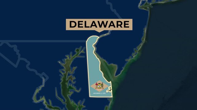 Satellite map animation of Delaware, USA. Blinking territory, state flag, pinned name, animated outline of the border. Concept for broadcast, social media, education.
