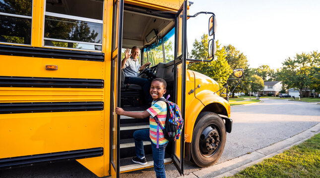 Happy African American boy boarding a yellow school bus for his first day of class.