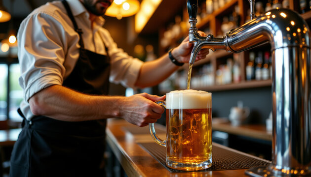Bartender serving freshly poured draft beer into a glass during a lively oktoberfest celebration