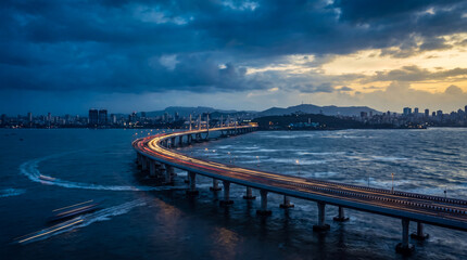 Fototapeta premium Coastal bridge at twilight with city skyline and illuminated traffic lights over ocean