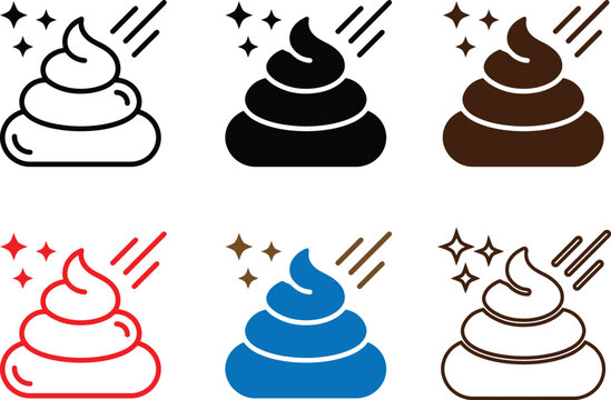 A collection of six different poop icon designs featuring various artistic styles and vibrant color variations for digital projects