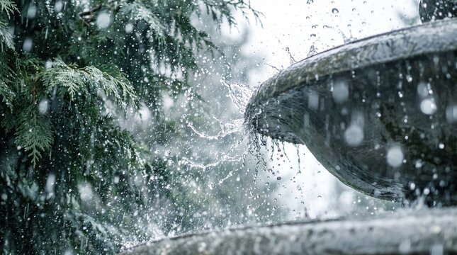 Water splashing from stone fountain tiers into rainy garden
