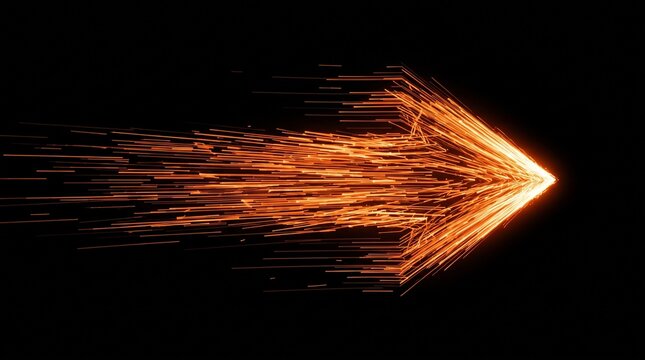 A glowing orange arrow shape formed by fast moving light streaks against a black background with trails moves horizontally horizontally across dark