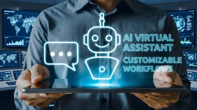 Businessman holding a tablet displaying a futuristic virtual assistant artificial intelligence technology interface concept