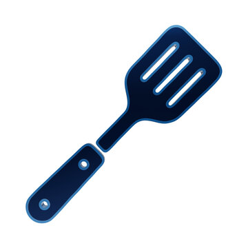 A blue neon-style slotted spatula icon with a handle, featuring a thick glowing outline isolated on a white background, for kitchen and, cooking applications isolated on a transparent background