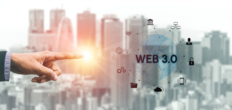 Businessman Pointing Towards a Futuristic Web 3.0 Concept with Cityscape Background and Digital Icons Representing Modern Technology Innovations. Entropy.
