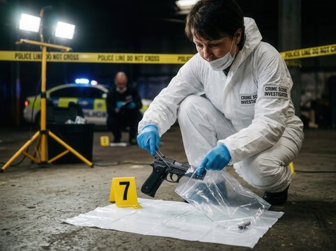 Forensic Investigator Collects Evidence At Crime Scene With Gun