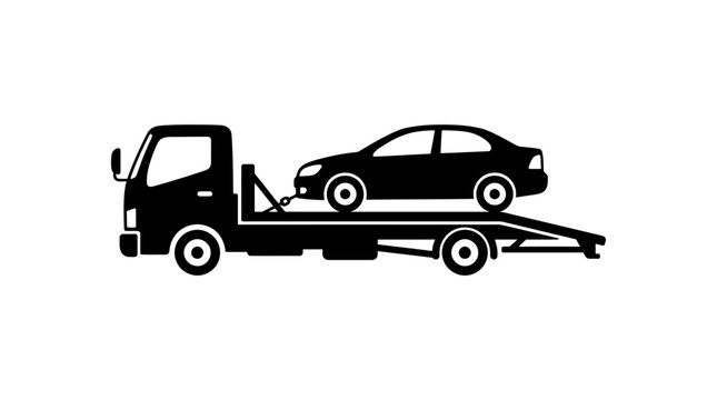 Tow truck carrying a sedan black silhouette on a white background