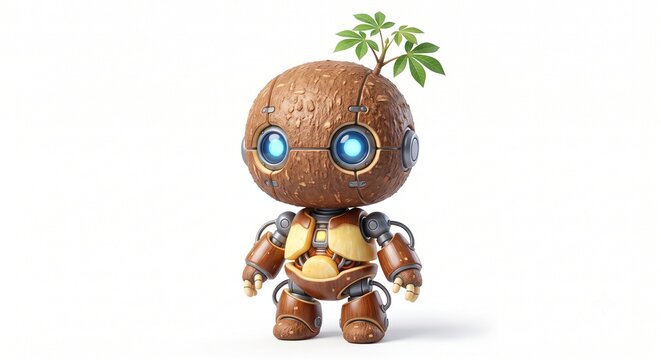 Cute chibi robot character designed as a brown coconut shell with a small sprout
