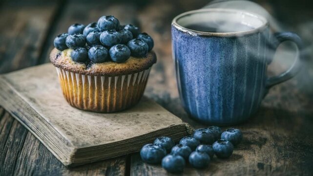 Blueberry muffin on old book with blue cup of tea on rustic wooden table