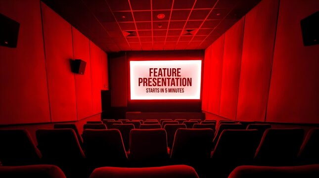 Empty movie theater auditorium with a glowing screen and red ambient lighting at night