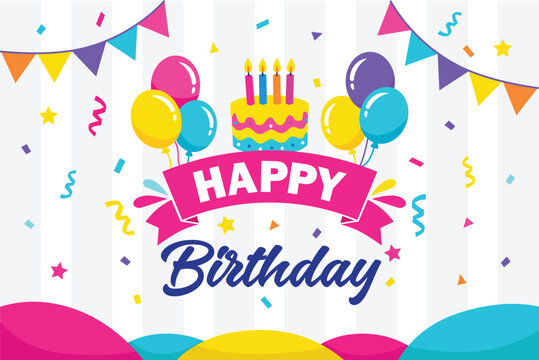 Vibrant Happy Birthday Backdrop with Colorful Balloons and Birthday Cake
