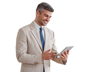 Confident businessman using digital tablet, smiling while working with portable device, modern technology for business success © PeopleVideos