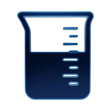 A blue glowing icon of a laboratory beaker with measurement markings, rendered in a 3D style, isolated on a dark background, for science and chemistry isolated on a transparent background