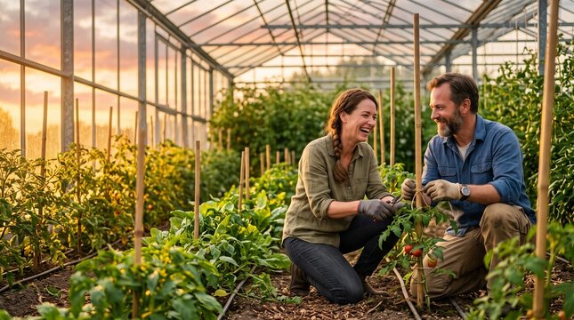 Happy couple tending to tomato plants in a greenhouse at sunset