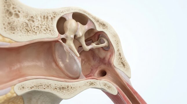 Close-up view of the middle and inner ear structures including ossicles and cochlea middle ear anatomy