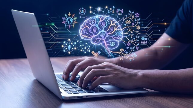 Person working on a laptop with a glowing digital brain interface hologram above it