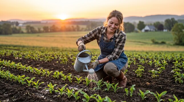 Smiling farmer woman watering young plants in a field at sunset with rolling hills in the background