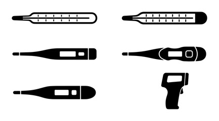 Fototapeta premium Set of Six Thermometer Icons: Digital, Analog, Infrared, Medical, Health, Temperature Measurement Tools