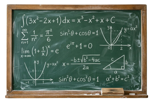 Mathematical formulas and geometry equations written on green chalkboard