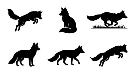 Obraz premium Black Fox Silhouettes: Dynamic Poses, Wild Animal Vector Icons, Nature Wildlife Graphics