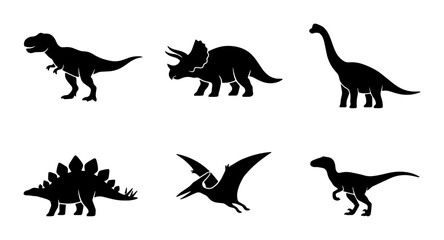 Dinosaur Silhouettes Collection: Tyrannosaurus, Triceratops, Brontosaurus, Stegosaurus, Pterodactyl, Raptor Vector Icons © Faruk
