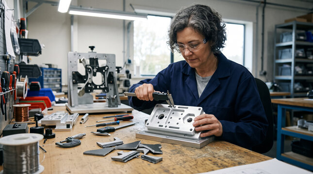 Female engineer measuring precision metal component with digital caliper in workshop. Concept of clean, design, material, modular, insert, evaluated, quality control, inspection.