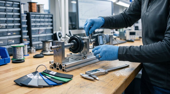 Engineer testing elastic component on precision test bench in laboratory. Concept of design, material, product, evaluated, quality control, material testing.