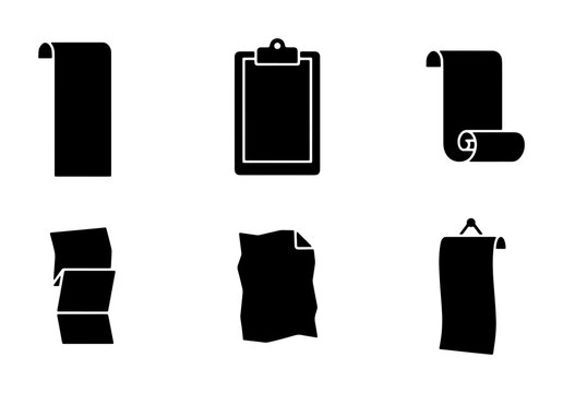 Paper Icons Set: Scroll, Clipboard, Rolled Document, Stacked Pages, Wrinkled Sheet, Hanging Towel