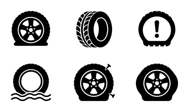 Car Tire Icons Set: Flat, Punctured, Warning, and Water Damage Vector Graphics