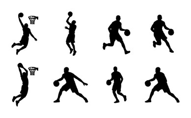 Basketball Player Silhouettes: Dynamic Action Poses, Dribbling, Dunking, Shooting Vector Set © Nayem