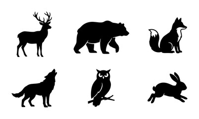 Obraz premium Forest Wildlife Silhouette Icons: Deer, Bear, Fox, Wolf, Owl, Rabbit Vector Set